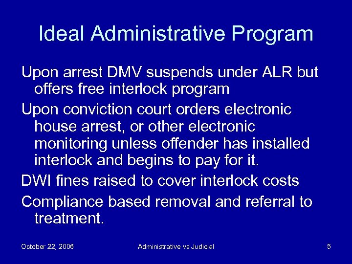 Ideal Administrative Program Upon arrest DMV suspends under ALR but offers free interlock program