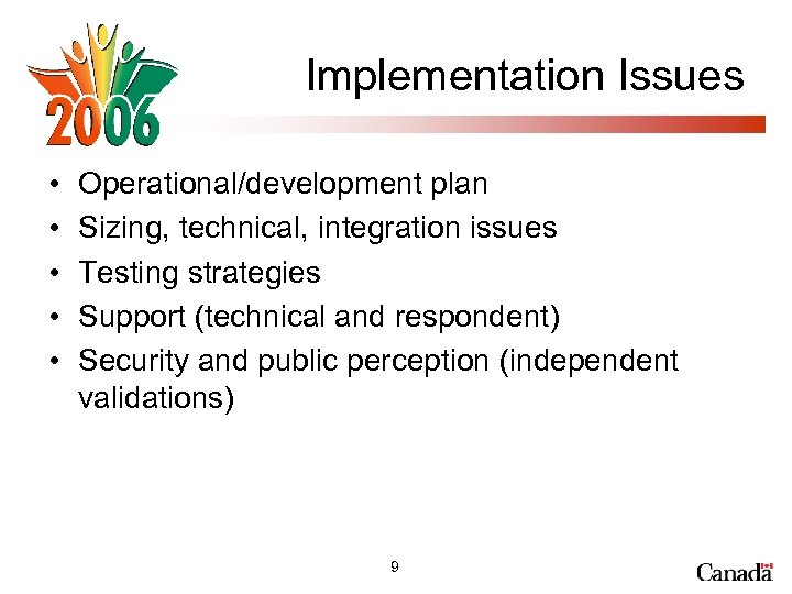 Implementation Issues • • • Operational/development plan Sizing, technical, integration issues Testing strategies Support