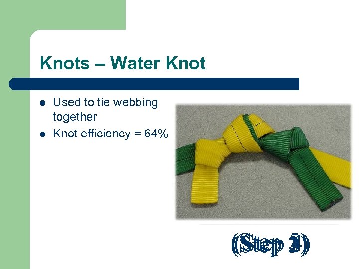 Knots – Water Knot l l Used to tie webbing together Knot efficiency =