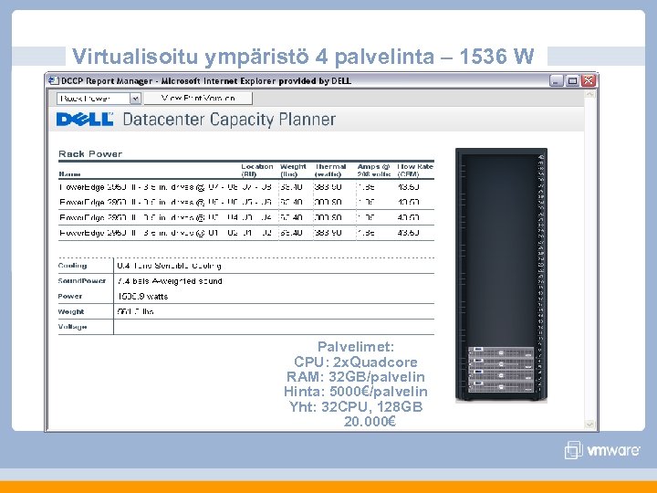 Virtualisoitu ympäristö 4 palvelinta – 1536 W Palvelimet: CPU: 2 x. Quadcore RAM: 32