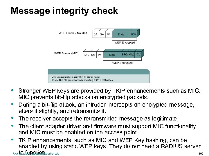 Message integrity check • Stronger WEP keys are provided by TKIP enhancements such as