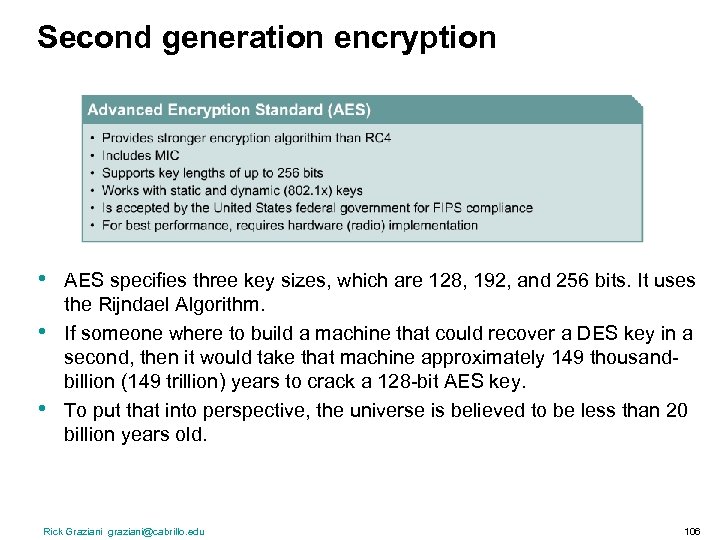 Second generation encryption • • • AES specifies three key sizes, which are 128,