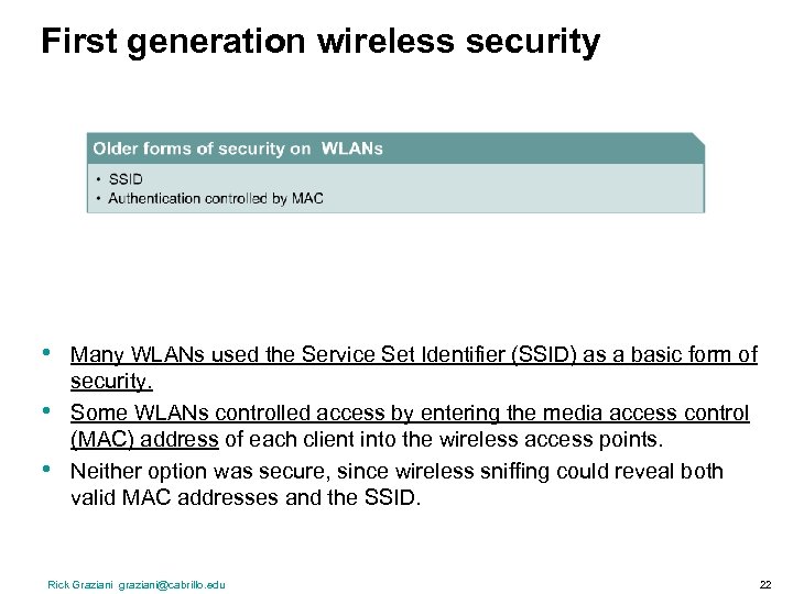 First generation wireless security • • • Many WLANs used the Service Set Identifier