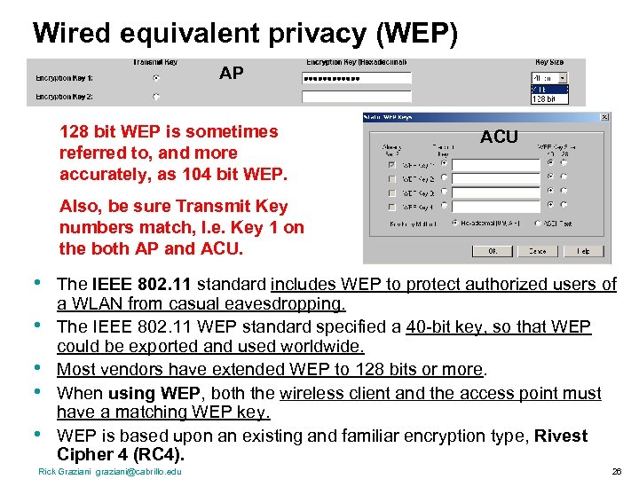 Wired equivalent privacy (WEP) AP 128 bit WEP is sometimes referred to, and more