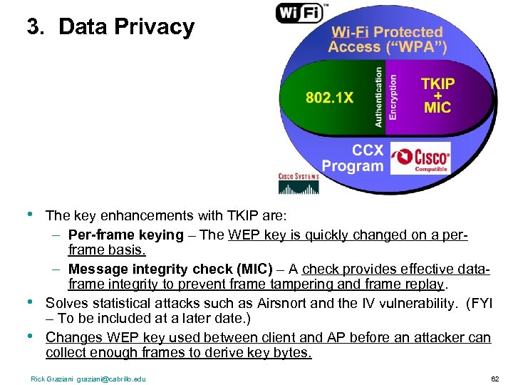 3. Data Privacy • • • The key enhancements with TKIP are: – Per-frame