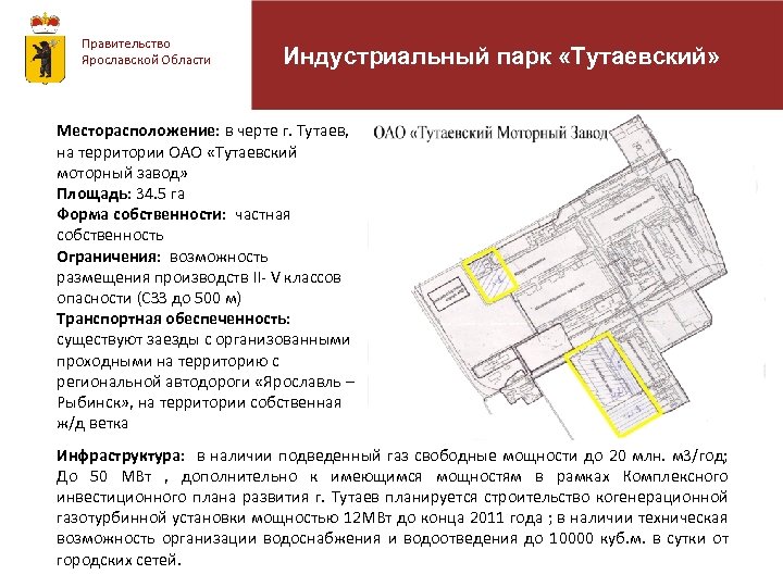 Правительство Ярославской Области Индустриальный парк «Тутаевский» Месторасположение: в черте г. Тутаев, на территории ОАО