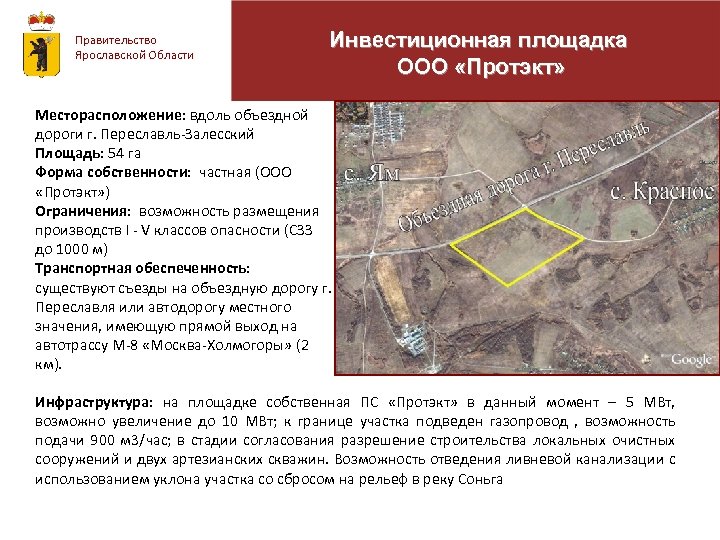 Правительство Ярославской Области Инвестиционная площадка ООО «Протэкт» Месторасположение: вдоль объездной дороги г. Переславль-Залесский Площадь: