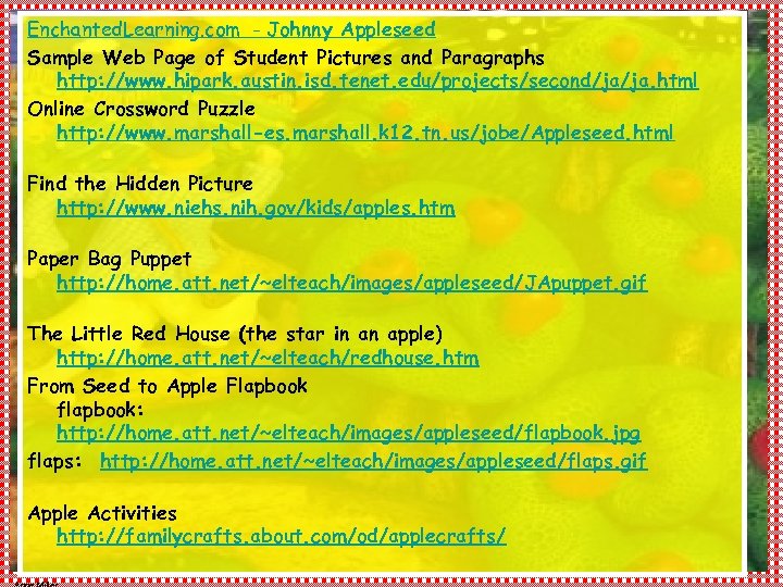 Enchanted. Learning. com - Johnny Appleseed Sample Web Page of Student Pictures and Paragraphs