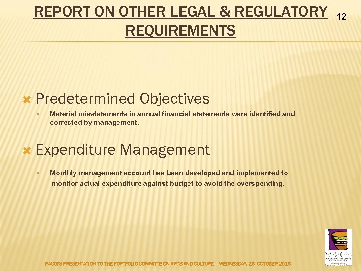 REPORT ON OTHER LEGAL & REGULATORY REQUIREMENTS Predetermined Material misstatements in annual financial statements