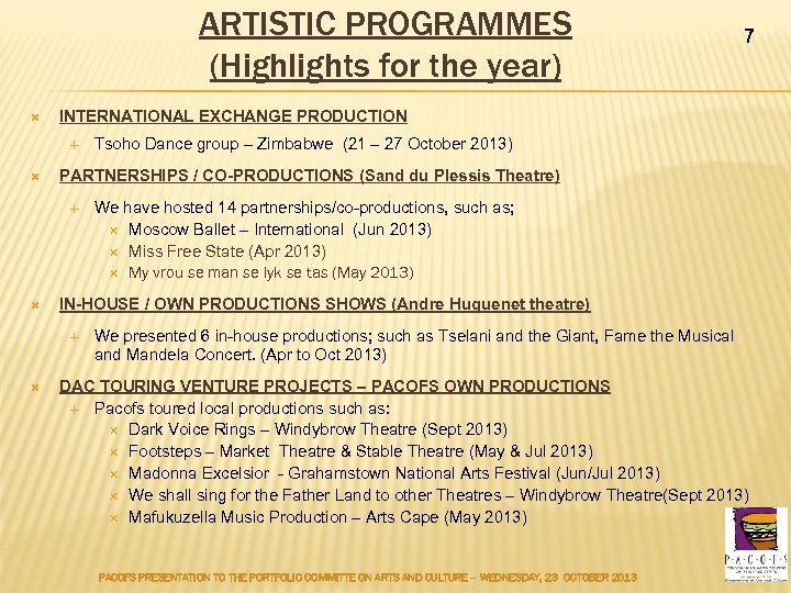 ARTISTIC PROGRAMMES (Highlights for the year) INTERNATIONAL EXCHANGE PRODUCTION We have hosted 14 partnerships/co-productions,