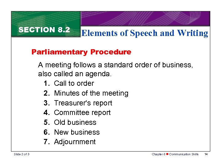SECTION 8. 2 Elements of Speech and Writing Parliamentary Procedure A meeting follows a