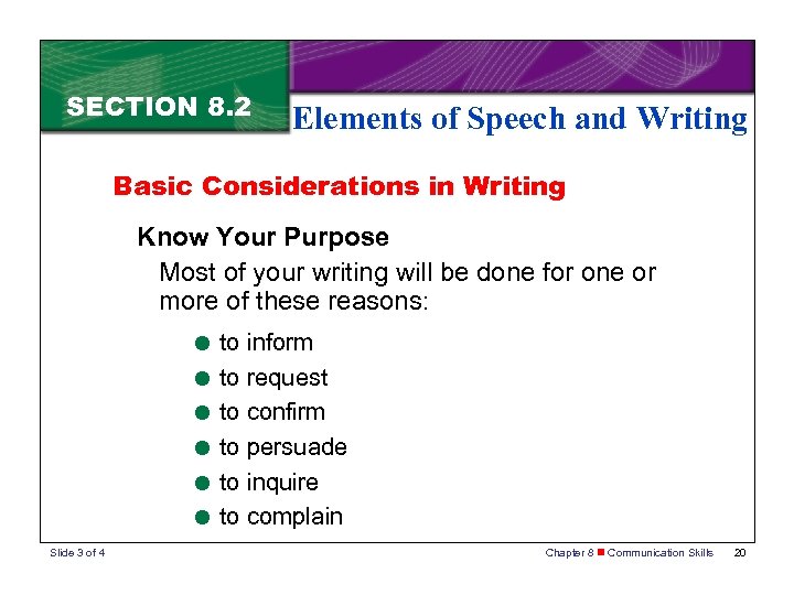 SECTION 8. 2 Elements of Speech and Writing Basic Considerations in Writing Know Your