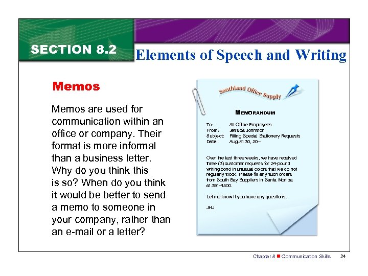 SECTION 8. 2 Elements of Speech and Writing Memos are used for communication within