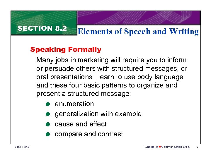 SECTION 8. 2 Elements of Speech and Writing Speaking Formally Many jobs in marketing