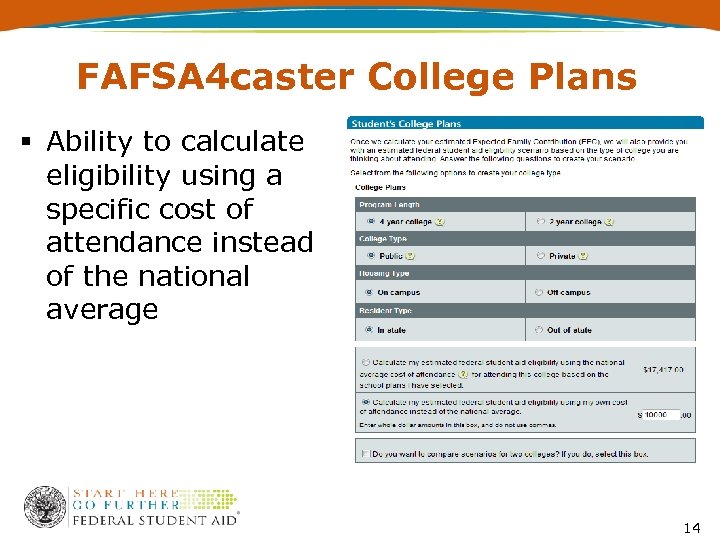 FAFSA 4 caster College Plans § Ability to calculate eligibility using a specific cost