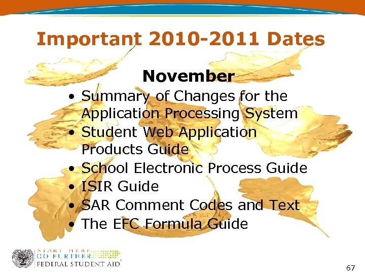 Important 2010 -2011 Dates November • Summary of Changes for the Application Processing System