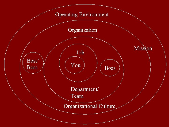 Operating Environment Organization Mission Job Boss’ Boss You Boss Department/ Team Organizational Culture 