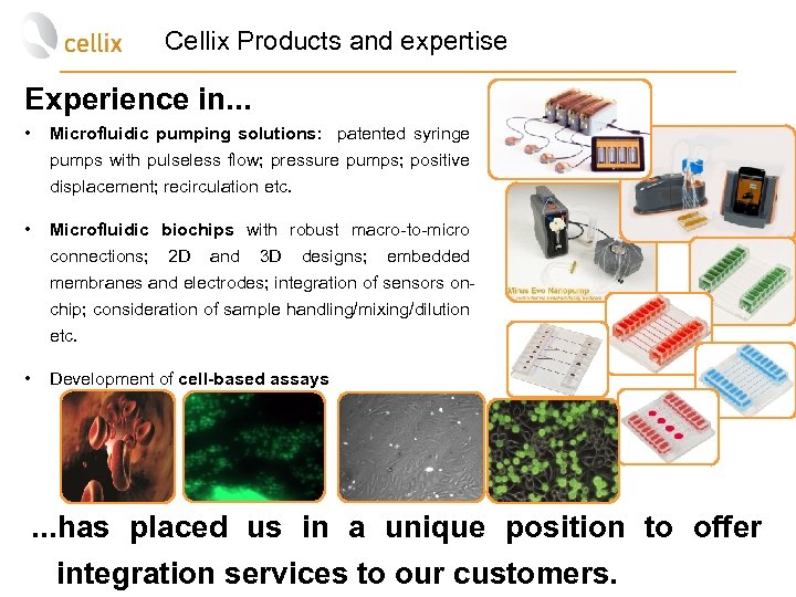 Cellix Products and expertise Experience in. . . • Microfluidic pumping solutions: patented syringe