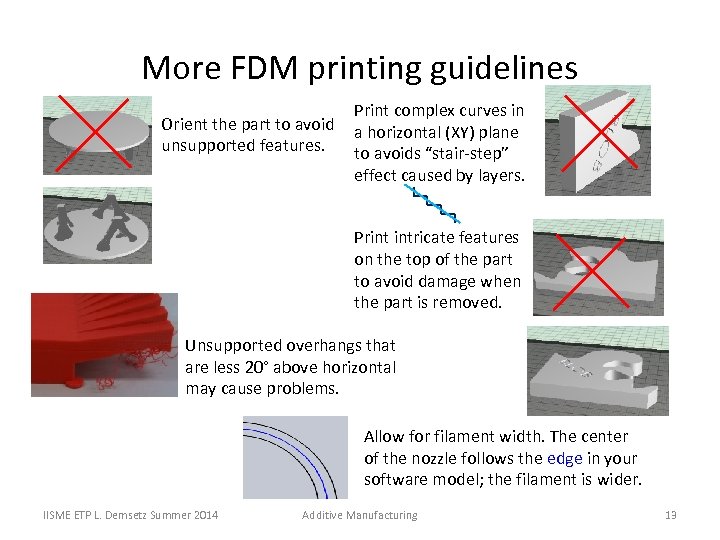 More FDM printing guidelines Orient the part to avoid unsupported features. Print complex curves