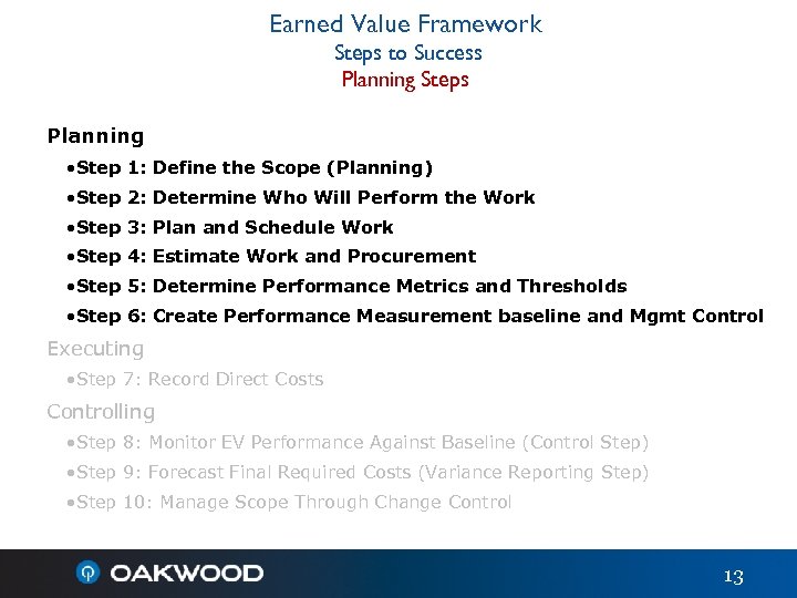Earned Value Framework Steps to Success Planning Steps Planning • Step 1: Define the