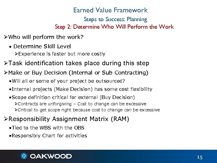 Earned Value Framework Steps to Success: Planning Step 2: Determine Who Will Perform the