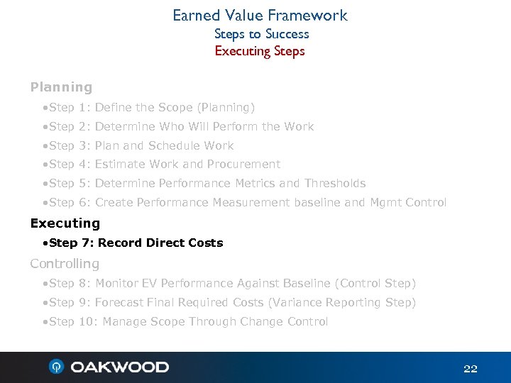 Earned Value Framework Steps to Success Executing Steps Planning • Step 1: Define the