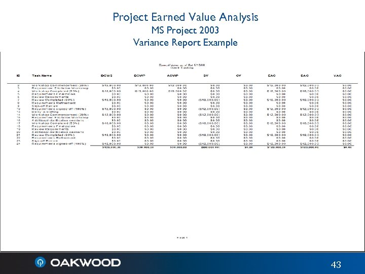 Project Earned Value Analysis MS Project 2003 Variance Report Example 43 