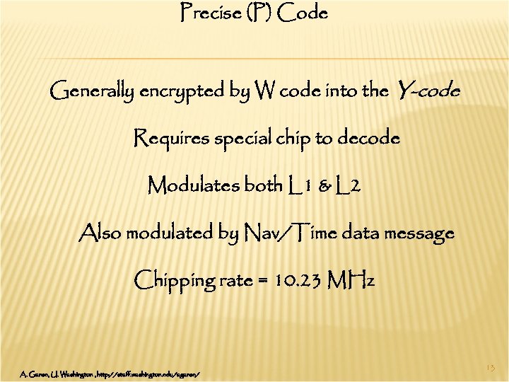 Precise (P) Code Generally encrypted by W code into the Y-code Requires special chip