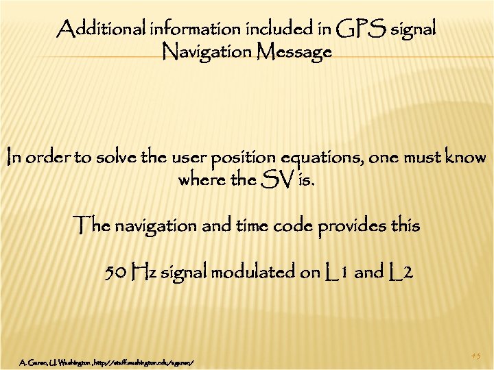 Additional information included in GPS signal Navigation Message In order to solve the user