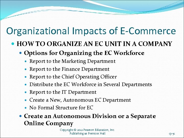 Organizational Impacts of E-Commerce HOW TO ORGANIZE AN EC UNIT IN A COMPANY Options