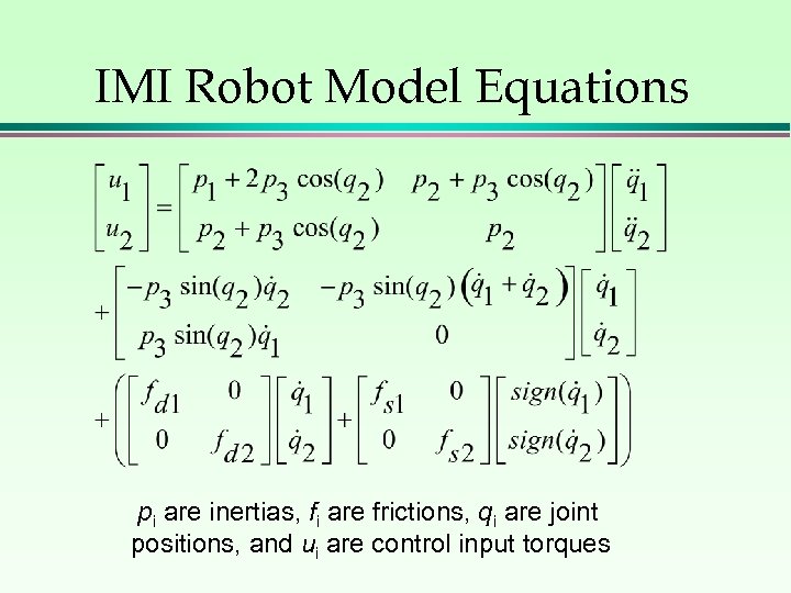 IMI Robot Model Equations pi are inertias, fi are frictions, qi are joint positions,