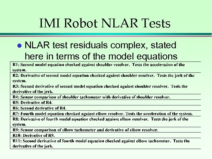 IMI Robot NLAR Tests l NLAR test residuals complex, stated here in terms of