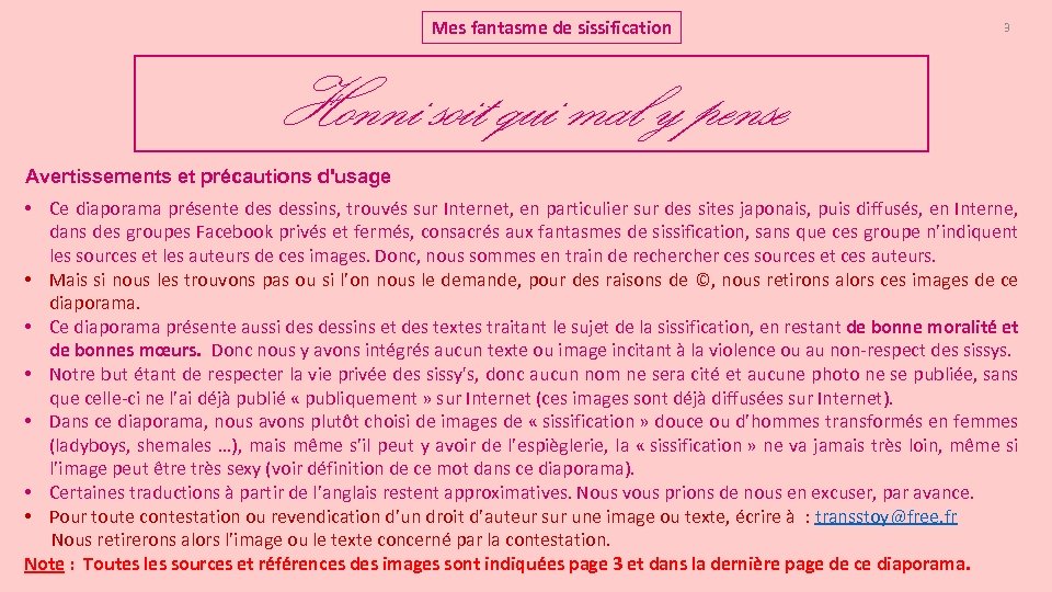 Mes fantasme de sissification 3 Honni soit qui mal y pense Avertissements et précautions