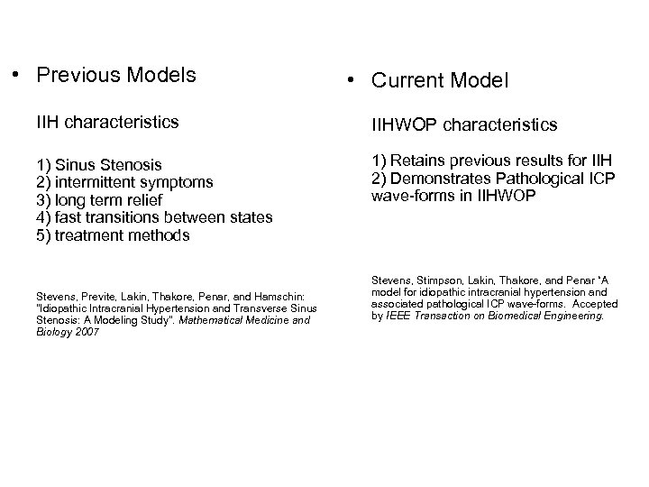  • Previous Models • Current Model IIH characteristics IIHWOP characteristics 1) Sinus Stenosis