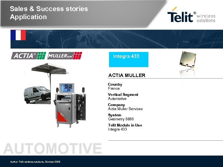 Sales & Success stories Application Integra 433 ACTIA MULLER Country France Vertical Segment Automotive