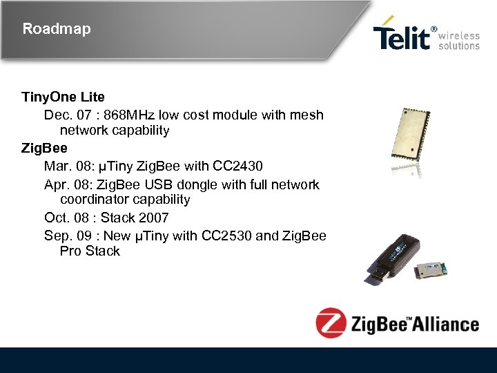 Roadmap Tiny. One Lite Dec. 07 : 868 MHz low cost module with mesh