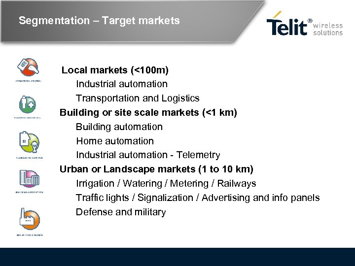 Segmentation – Target markets Local markets (<100 m) Industrial automation Transportation and Logistics Building