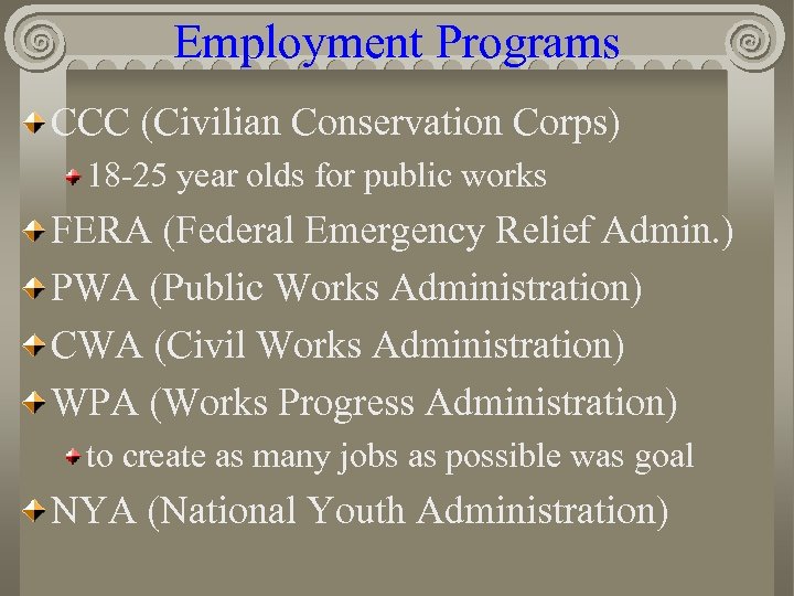 Employment Programs CCC (Civilian Conservation Corps) 18 -25 year olds for public works FERA