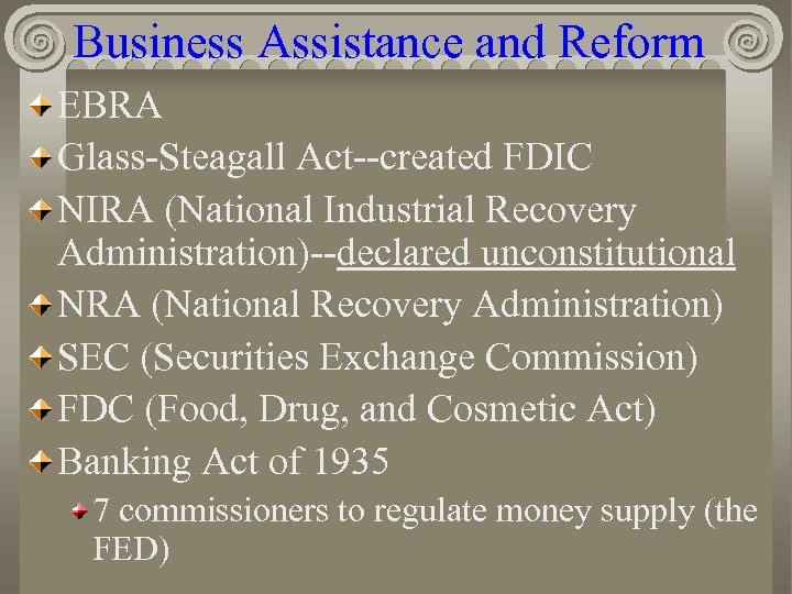 Business Assistance and Reform EBRA Glass-Steagall Act--created FDIC NIRA (National Industrial Recovery Administration)--declared unconstitutional