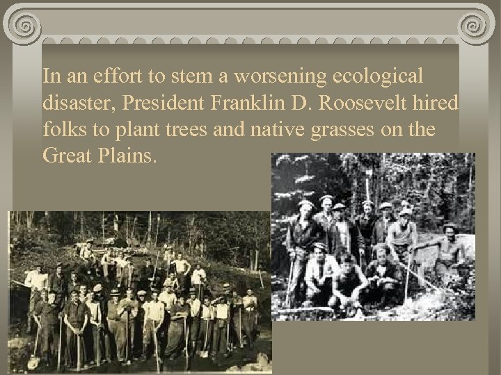 In an effort to stem a worsening ecological disaster, President Franklin D. Roosevelt hired