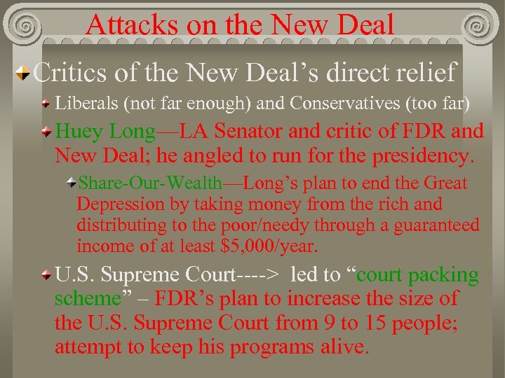 Attacks on the New Deal Critics of the New Deal’s direct relief Liberals (not