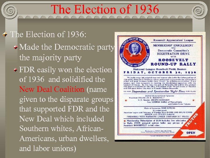 The Election of 1936: Made the Democratic party the majority party FDR easily won
