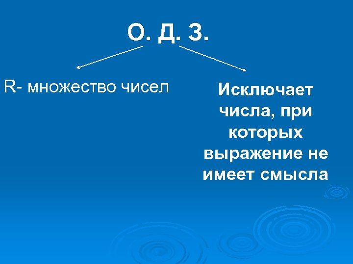 О. Д. З. R- множество чисел Исключает числа, при которых выражение не имеет смысла