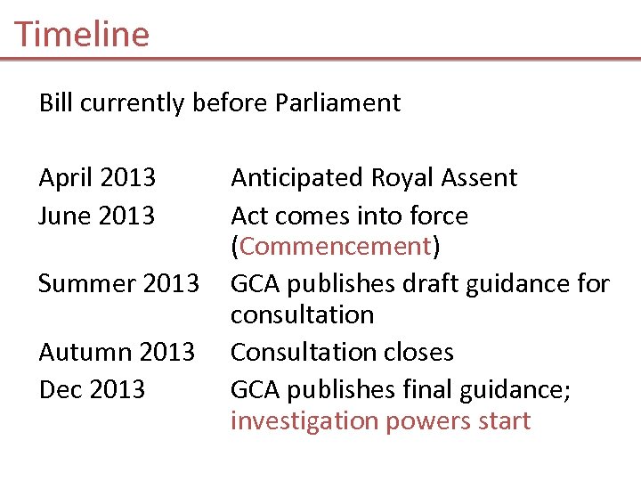 Timeline Bill currently before Parliament April 2013 June 2013 Summer 2013 Autumn 2013 Dec