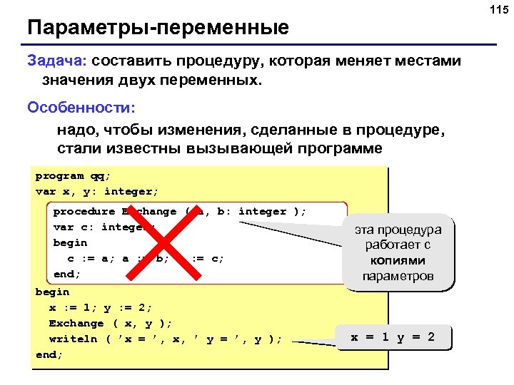 115 Параметры-переменные Задача: составить процедуру, которая меняет местами значения двух переменных. Особенности: надо, чтобы