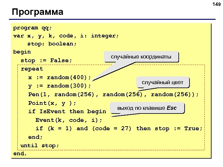 149 Программа program qq; var x, y, k, code, i: integer; stop: boolean; begin