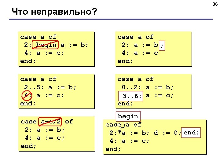 86 Что неправильно? case a of 2: begin a : = b; 4: a