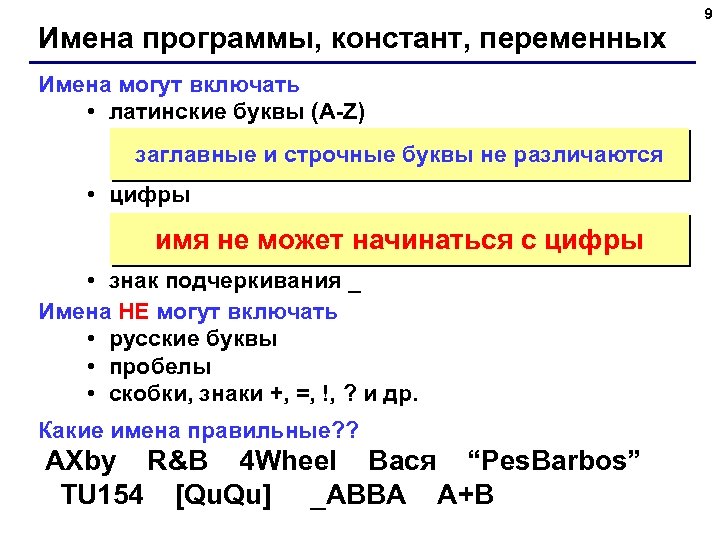 Имена программы, констант, переменных Имена могут включать • латинские буквы (A-Z) заглавные и строчные