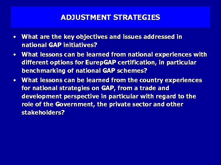 ADJUSTMENT STRATEGIES • What are the key objectives and issues addressed in national GAP