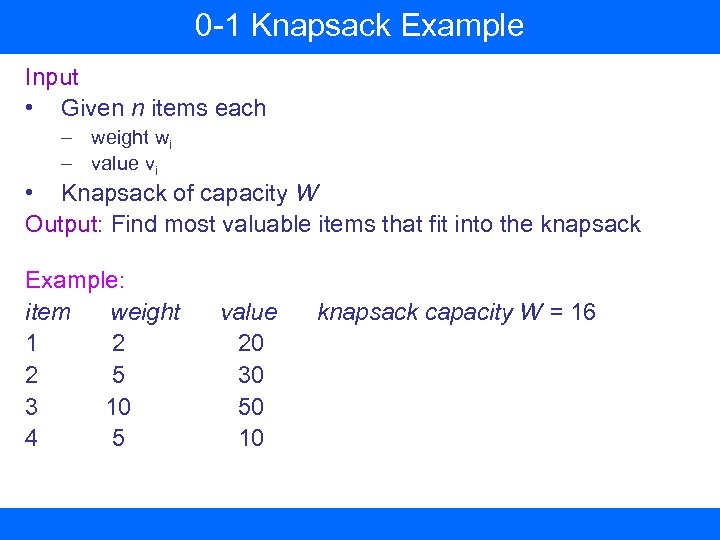 0 -1 Knapsack Example Input • Given n items each – weight wi –